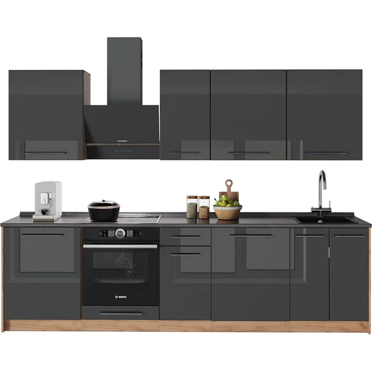 Küchenzeile Fame-Line Anthrazit Hochglanz/Goldkraft Eiche 280 cm, AP Marmor Vicco – Bild 6