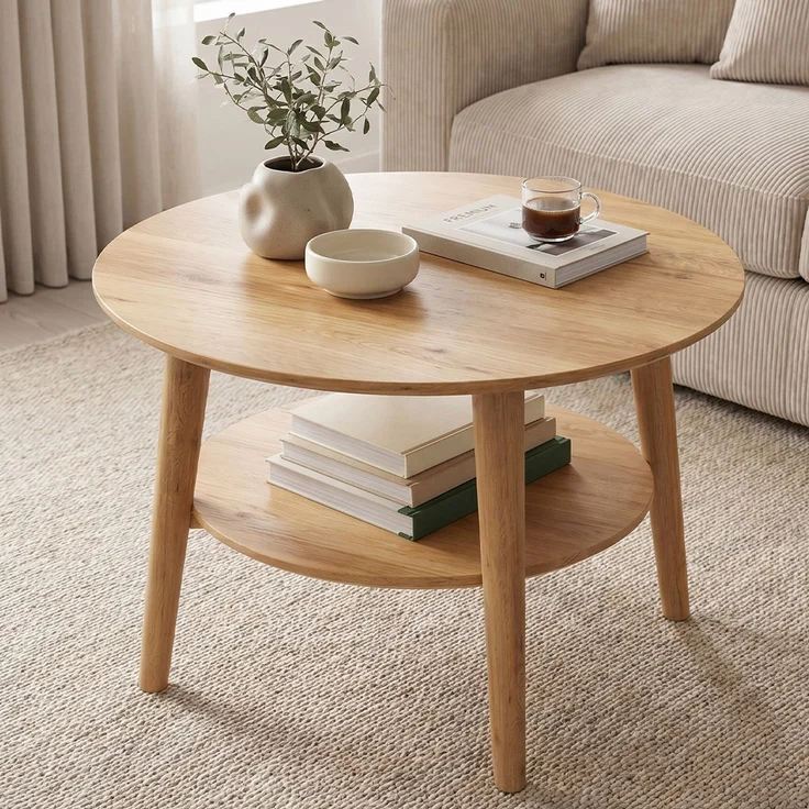 skølm 'Mjölnir' Couchtisch rund, Massivholz Eiche, natur geölt, Wohnzimmertisch Ø70 cm, Beistelltisch für Wohnzimmer mit Ablage – Bild 1