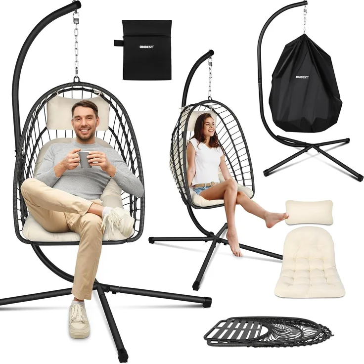 Onbest Hängesessel mit Schutzhülle 130kg 360° drehbar höhenverstellbar, bequem gepolstert
