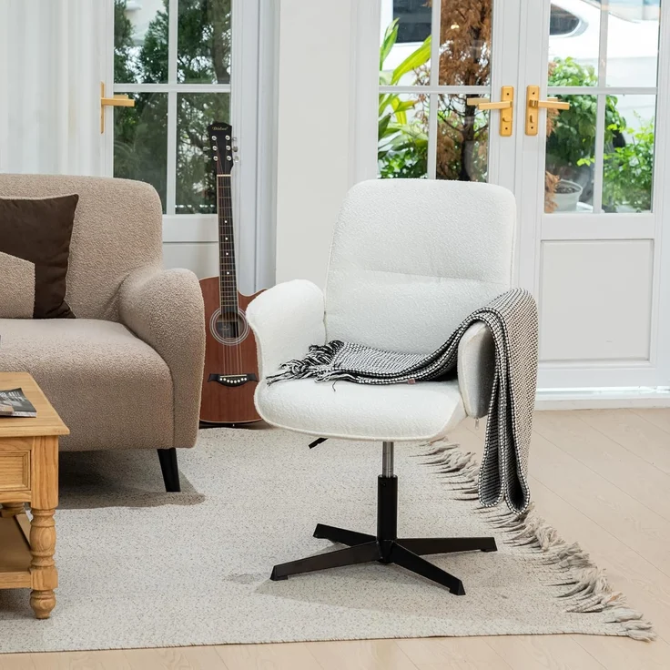 MEUBLE COSY Sessel Lehnstühle Lounge Cocktailsessel Bürostuhl mit höhenverstellbar Armlehnen 360° Drehbar Schminkstuhl Polsterstuhl für Schlafzimmer Wohnzimmer Büro Vanity, Bouclé Frottier, Weiß – Bild 2