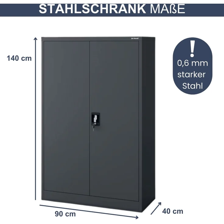 Aktenschrank abschließbar KADO - 4 Ebenen verstellbar, Flügeltüren | Metallschrank Werkstatt Mehrzweckschrank Büroschrank aus Stahl Werkzeugschrank, 140x90x40cm Anthrazit – Bild 2