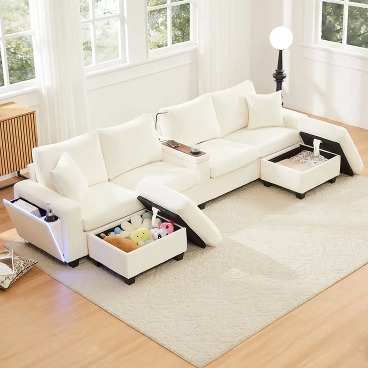 6-Sitzer Wohnlandschaft B 334 x T 128,5 x H 81 cm aus Cord mit USB, Type-C und LED