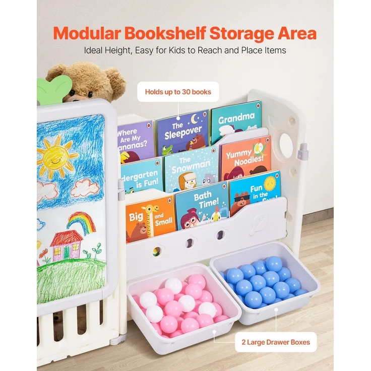 VEVOR Spielzeugaufbewahrung Bücherregal Spielzeugregal HDPE, 4-stöckige multifunktionale Ablage mit 10 flexiblen Kunststoffbehältern & Zeichenbrett, für Schlafzimmer Klassenzimmer (Grau + Beige) – Bild 5
