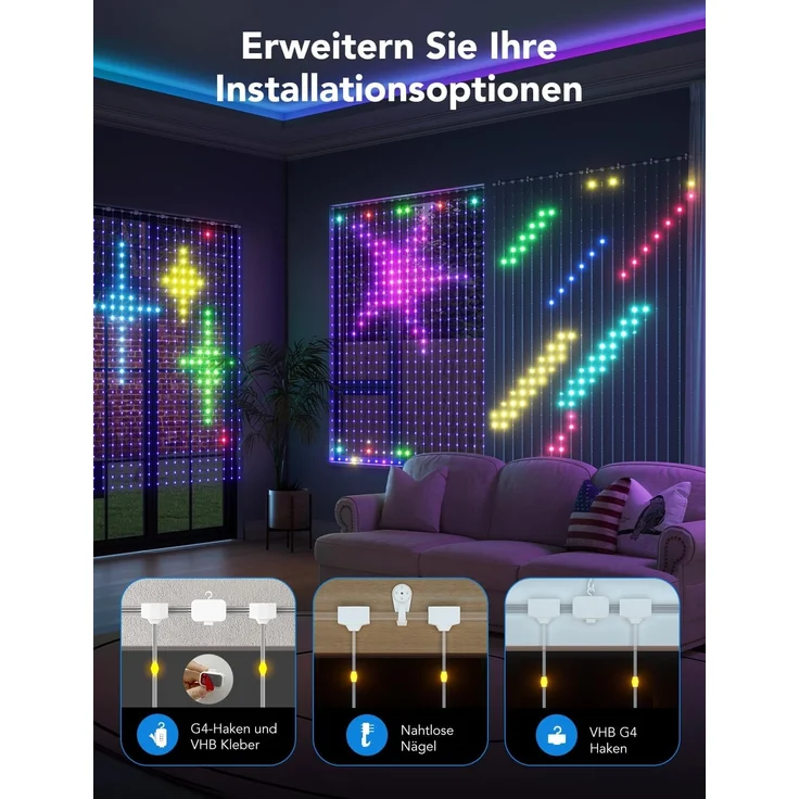 Govee Curtain Lights, 520 RGBIC LEDs Lichterkette, DIY Lichtmuster, Smart LED Vorhang 86+ Modi, IP65 Wasserfest, kompatibel mit Alexa für Zimmer, Party Deko (1,5×2m) – Bild 4