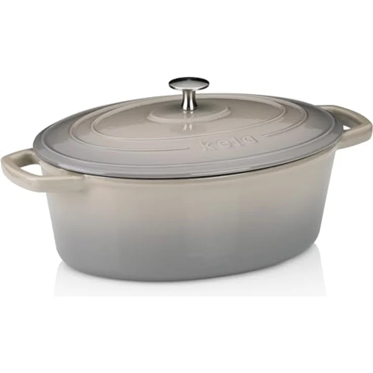 kela Bräter Gusseisen oval 4 Liter, Dutch Oven CALIDO, Induktion Gussbräter mit Deckel, Gusseisen Topf Brot backen, emailliert, hellgrau – Bild 2