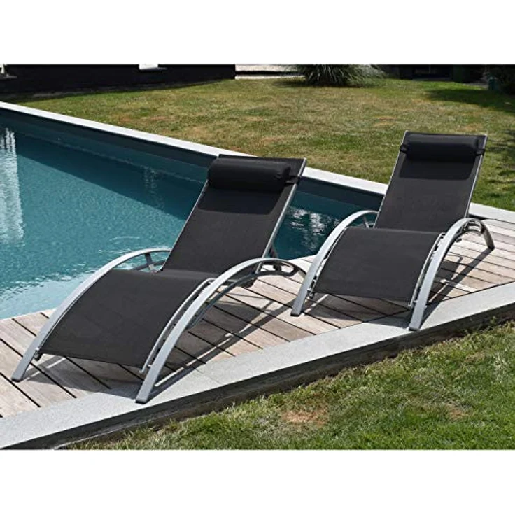 Happy Garden GALAPAGOS, Satz von 2 Liegestühlen mit schwarzem Textilene und grauem Aluminium, mehrstufig verstellbare Rückenlehne – Bild 5