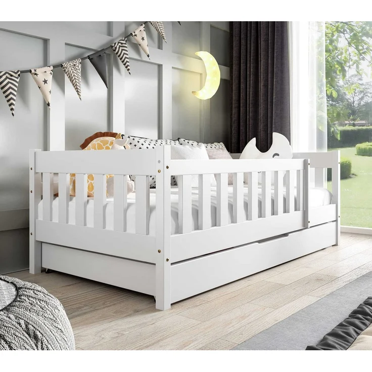 Jerpax Kinderbett ZOSIA mit Matratze und Schublade, Einzelbett für Kinder, Weiß Holzbett, 80x160 cm – Bild 1
