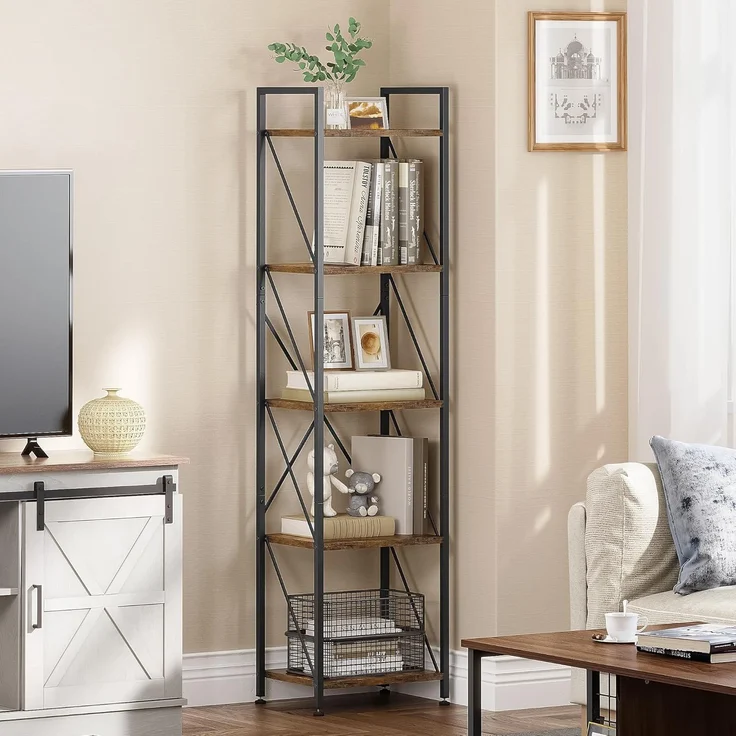 YITAHOME Bücherregal mit 5 Ebenen, industrielles Bücherregal, freistehendes Regal, Holzregal und Metallrahmen, Aufbewahrungsregal für Wohnzimmer, Zuhause, Büro, Küche, Schlafzimmer, Vintagebraun – Bild 1