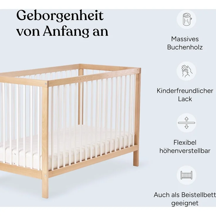 Ehrenkind® Babybett PUR 120x60 aus Buchenholz | Natur | Kinderbett 9-Fach höhenverstellbar mit entnehmbaren Stangen | Baby Bett – Bild 3