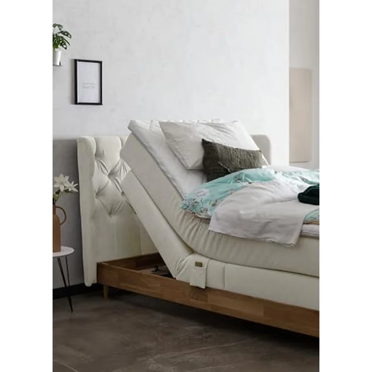 Belanoti Boxspringbett EON (Boxspringbett 160x200 elektrisch verstellbar Bett 160x200 mit Motor, 7-Zonen Taschenfederkern Matratze inklusive Visco Topper), in der Farbe Beige H2/H3 Polsterbett Motorbett mit Eiche – Bild 7