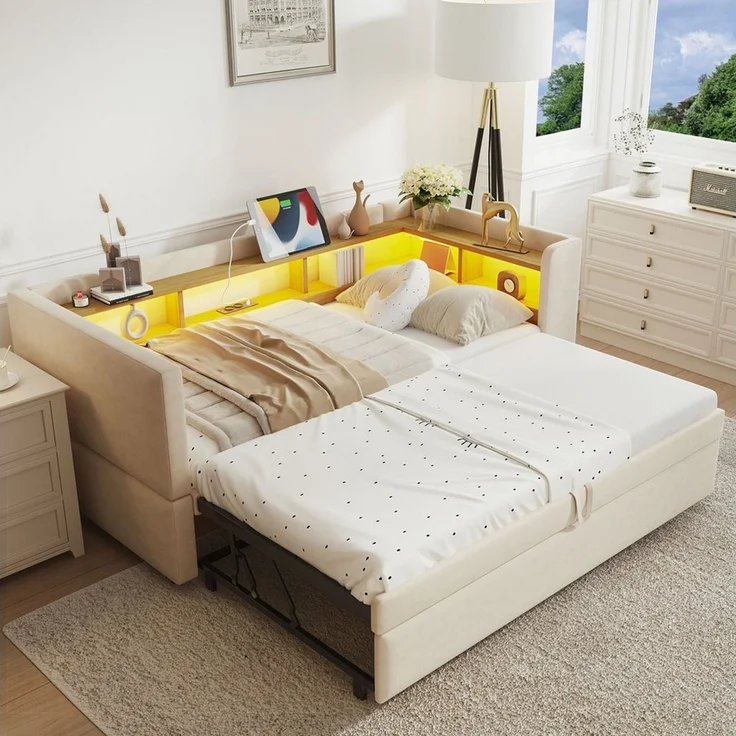 Odikalo Ausziehbett Polsterbett Jugendbett Stauraumbett Schlafsofa 90/180x190 Ablagefach – Bild 1