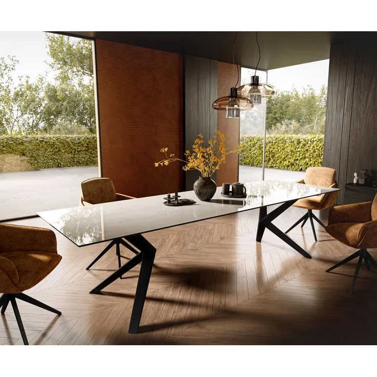 Esstisch Edge 300x100 cm Keramik Onyx Champagne Zenthara kantig Metall Schwarz