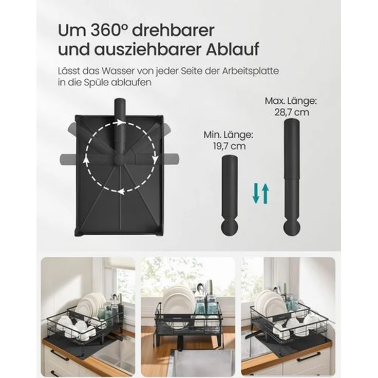 SONGMICS Abtropfgestell Geschirr, ausziehbarer Geschirr-Abtropfständer, wasserabsorbierende Silikonmatte, 360° drehbarer und ausziehbarer Ablauf, (31-56) x 42 x 20 cm, tintenschwarz – Bild 3