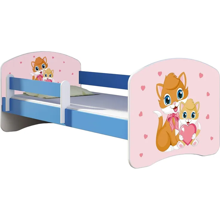 ACMA Kinderbett Jugendbett mit Einer Schublade und Matratze Blau mit Rausfallschutz Lattenrost II 140x70 160x80 180x80 (33 Miezekatzen, 140x70)