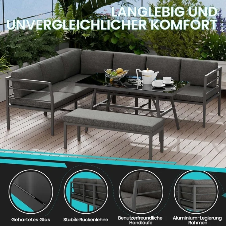 Melko Garten-Essgruppe Essgarnitur Aluminium Glastisch Sitzbank Sitzgruppe wetterfest Ecksofa, (wetterfest, resistent gegen Regen, Salzwasser und intensive Sonneneinstrahlung, 3-tlg, inkl. 6 wasserabweisende Sitz- und 7 Rückenkissen für mehr Komfort), ... – Bild 3