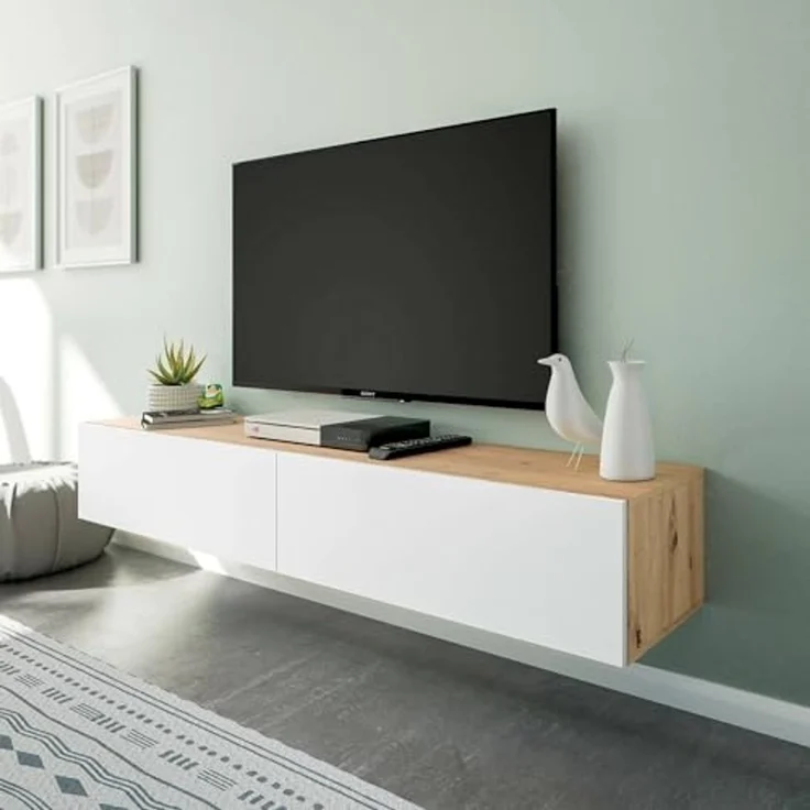 Dmora - TV-Ständer Vincennes, TV-Ständer mit 2 Türen, hängender Wohnzimmerschrank, 180x35h28 cm, Node-Eiche und glänzendes Weiß – Bild 5