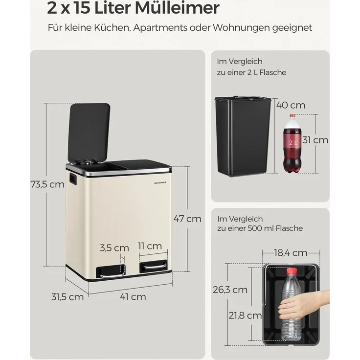 Songmics Mülleimer mit Deckel mit langsamem Verschluss, Inneneimern & Griffen, Sandbeige-Tintenschwarz, 2 Fächer, 2x15 Liter – Bild 5