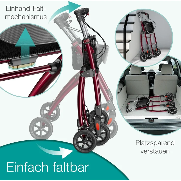 ELONEO Wohnungsrollator 54cm breit, faltbar und leicht, inkl. Tablett & Stoffkorb »Premium«, rot – Bild 4