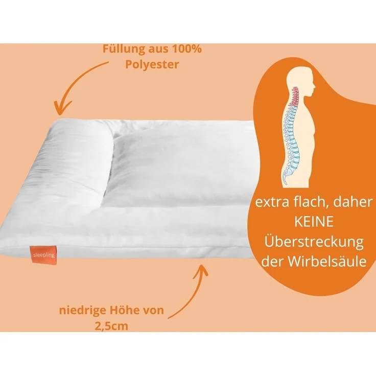 sleepling Bauchschläferkissen Kopfkissen für Bauchschläfer, Füllung: Polyester, Bauchschläfer, extra flach (2,5 cm), wirbelsäulenschonend, orthopädisch – Bild 3
