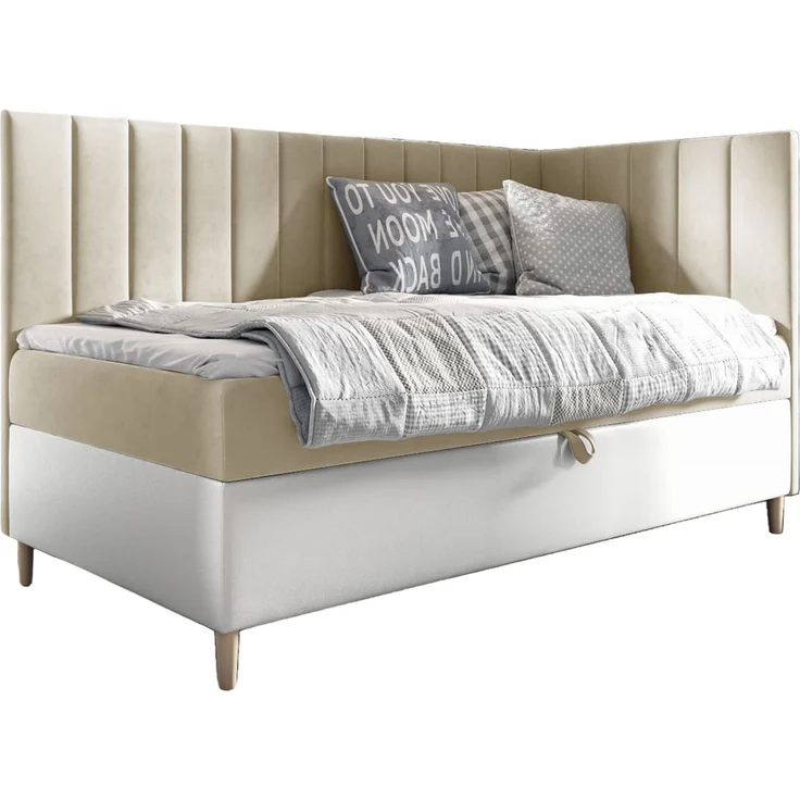 MEBLINI Kinderbett mit Bettkasten MAYA 3 90x200 Rechts - H3/Beige Samt Gepolstert Einzelbett mit Matratze - Polsterbett mit Stauraum - Bett mit Kopfteil – Stauraumbett – Bild 1