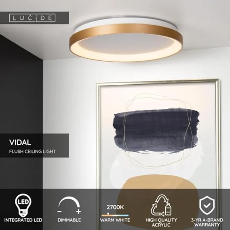 LUCIDE VIDAL Deckenleuchte Ø 48 cm, dimmbare LED 1x38W 2700K, mattes Gold/Messing, Opal – Bild 4
