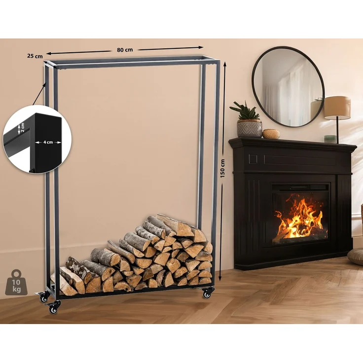 DELUKE® Kaminholzregal innen Metall BETTA - mit Rollen, 25x80x150 Brennholzregal innen Kaminholzständer Kaminholzhalter Feuerholzregal Innen Holz stapeln Wohnzimmer – Bild 7
