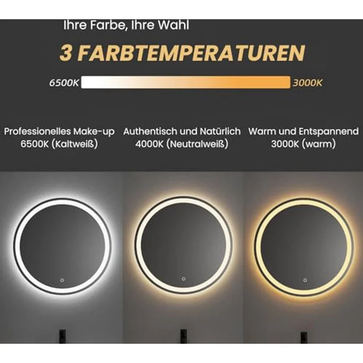 Wunderbad LED Badspiegel Ø 60 cm, runder Wandspiegel mit dimmbarer Beleuchtung, 3 Lichtfarben, Anti-Beschlag, IP44 – Bild 4