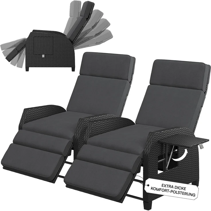 STEELSØN 'Caelum' Polyrattan Sessel mit Liegefunktion, schwarz, verstellbare Rückenlehne, inkl. Polster, Ausklapptisch, wetterfest, 2er Set – Bild 1