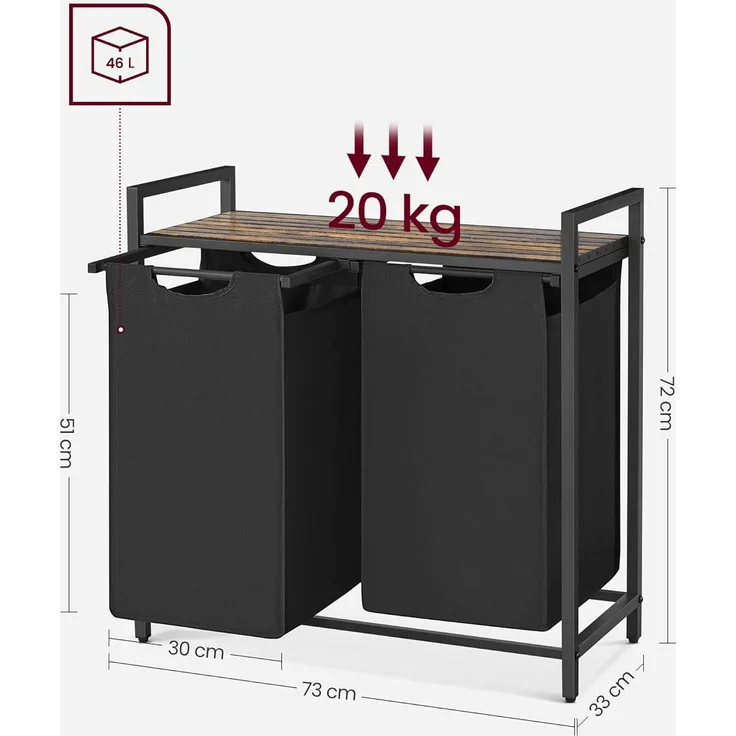 VASAGLE Wäschekorb 2 Fächer, Wäschesammler mit Ablage, Wäschebox, Wäschesack aus Oxford-Gewebe ausziehbar abnehmbar, Metallrahmen, 2 x 46 L, 73 x 33 x 72 cm, vintagebraun-schwarz BLH201B01 – Bild 6