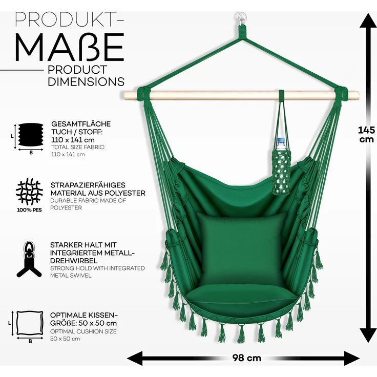 tillvex Hängesessel Grün 2 Kissen zum Aufhängen | Hängestuhl mit Getränkehalter & Bücherfach | Hängesitz wetterfest - Indoor & Outdoor | Hängekorb mit Tragetasche für Erwachsene & Kinder – Bild 5