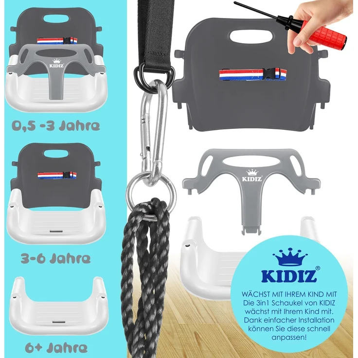 KIDIZ® Babyschaukel, Mitwachsend, mit Rückenlehne und Anschnallgurt, belastbar bis 100kg, Kunststoff Anthrazit, 33 x 24,3 x 35 cm – Bild 5