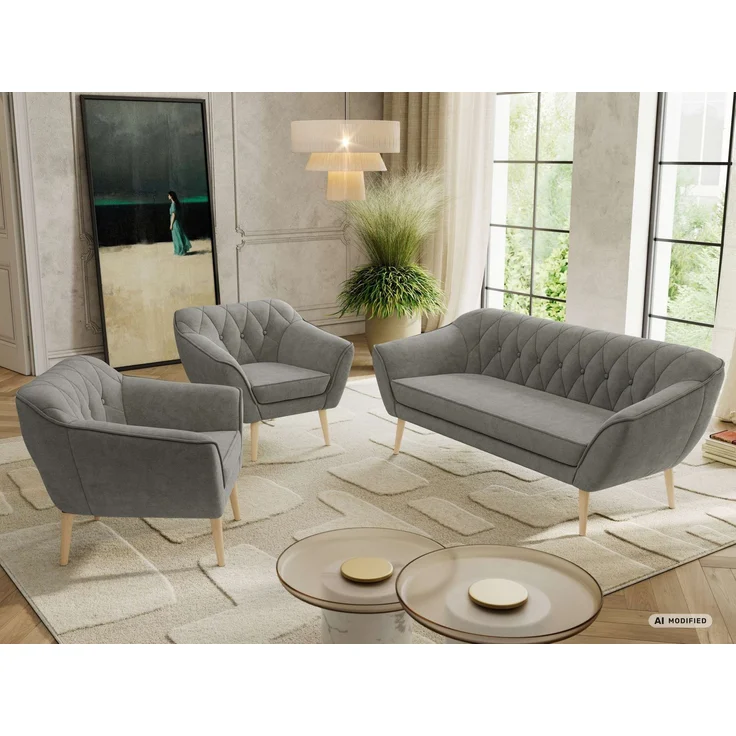 Wohnzimmerset PIRS 1-1-3, Skandinavisches 3-Sitzer Sofa mit Sesseln, Sofa mit Wellenfederung, Buche Füße, Skandinavisches Möbelset - Grau Stukture – Bild 5