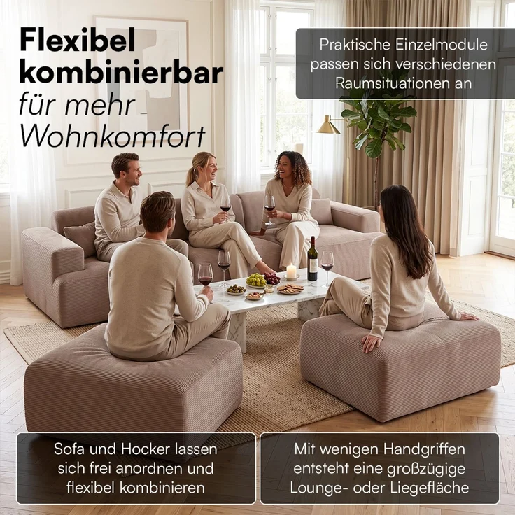 skølm 'Freki' Cloud Sofa 3 Sitzer mit 2x Hocker, Vollschaumcouch mit Federkern und Vakuum-Kompression, kein Aufbau erforderlich, mit 3 Kissen, Cord taupe – Bild 5