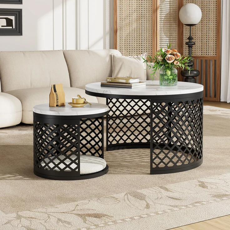 Nesting-Couchtisch 70x70x45 cm – Platzsparendes 2er-Set in Weiß & Schwarz – Bild 3