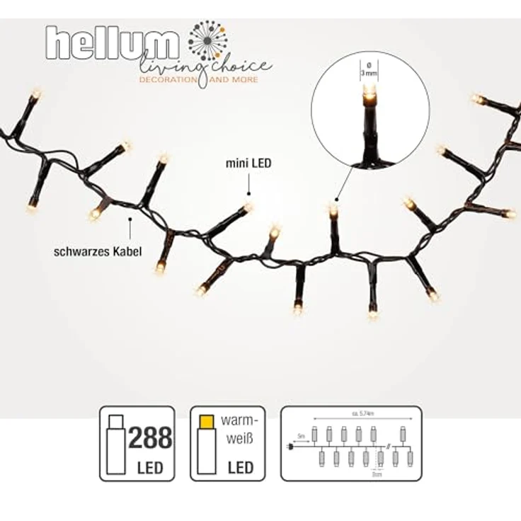 hellum Lichterkette 288 LED warmweiß, LED Lichterkette außen, Snake, warmweiß 5,74 m beleuchtete Länge, für Weihnachtsbaum < 59 Lumen, Kabelfarbe schwarz 152395 – Bild 4