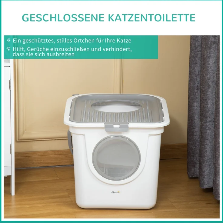 Katzentoilette mit Deckel, Siebplatte & Schaufel, 55x44x39 cm, Weiß – Bild 4