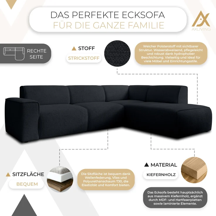 AX LIVING Couch Sofa L Form Didim L Schwarz – 292 cm, stilvoll & bequem R – Bild 5