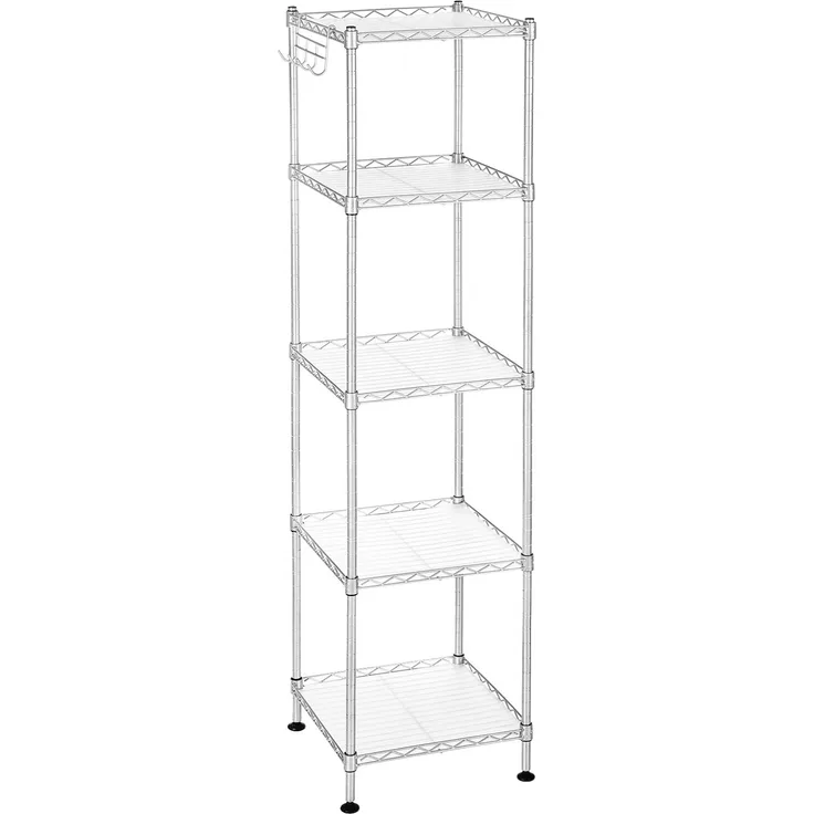 Songmics Badezimmerregal, Standregal, Metallregal, bis 100 kg belastbar, mit 5 PP-Platten, abnehmbare Haken, 30 x 30 x 123,5 cm, erweiterbar, für kleine Räume, silbern-transparent LGR023S01