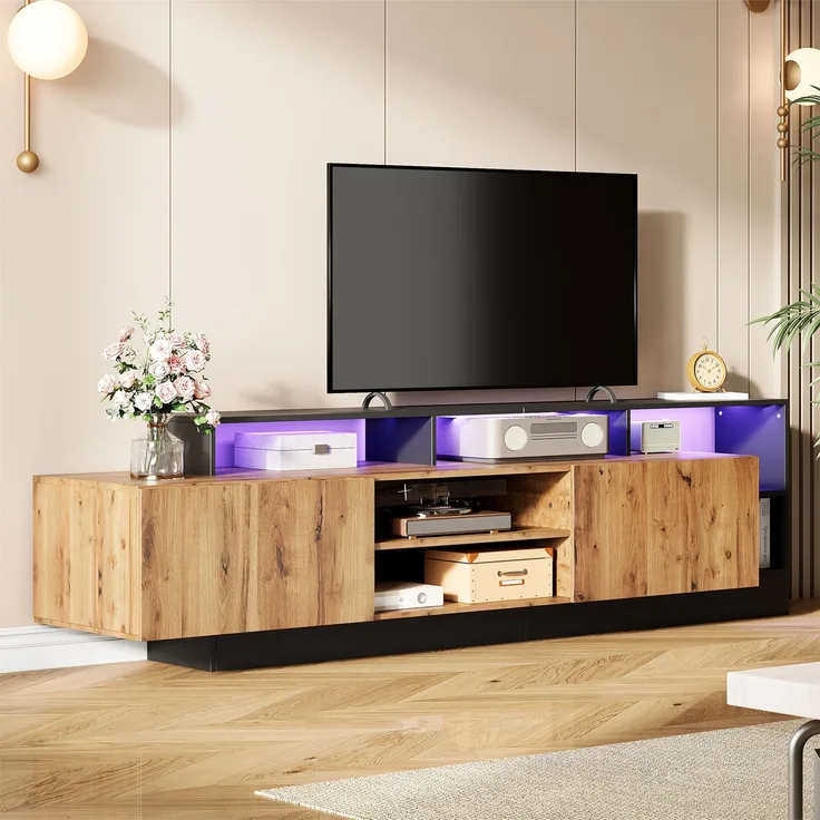 TV-Schrank in Holz & Schwarz,mit 2 herunterklappbare Türen, offene mittige Schubladen, LED-Fernbedienung 16 Farben 4 Modi