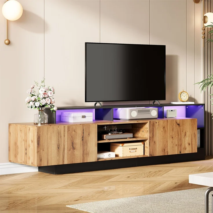 TV-Schrank in Holz & Schwarz,mit 2 herunterklappbare Türen, offene mittige Schubladen, LED-Fernbedienung 16 Farben 4 Modi – Bild 1