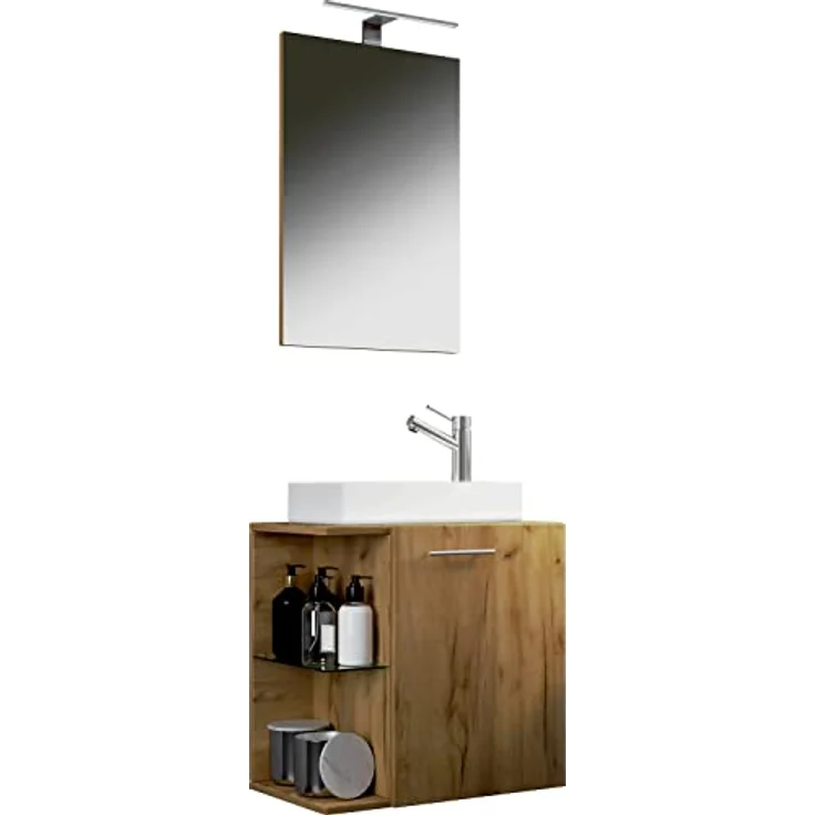 VCM Waschplatz Hausa, 3-tlg. Badmöbelset mit Spiegel, Waschbeckenunterschrank und hochwertigem Keramikwaschbecken, für Gäste-WC – Bild 1