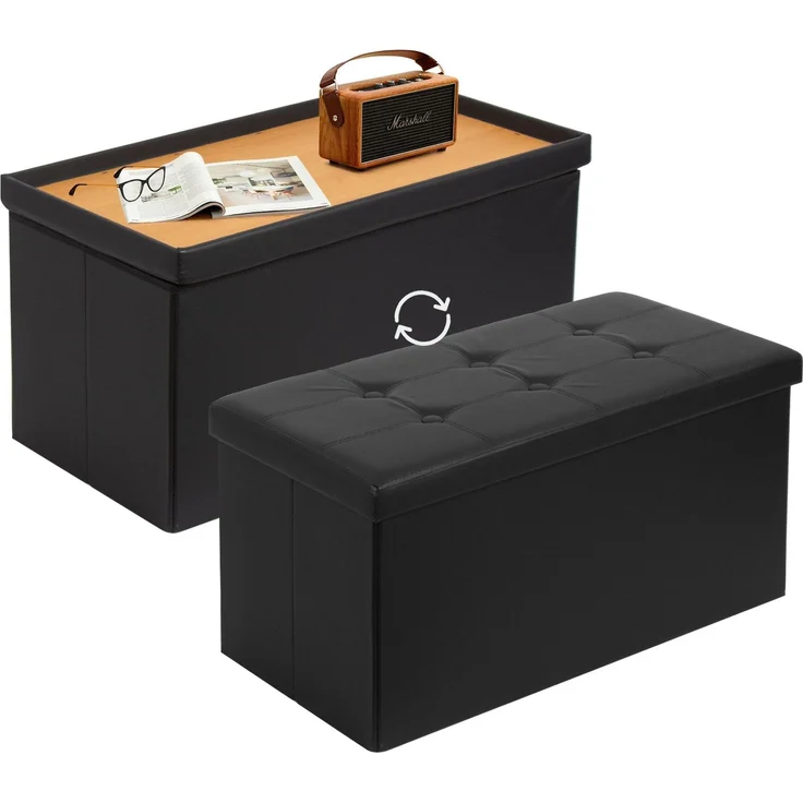 Todeco Sitzbank mit Stauraum Sitztruhe, Aufbewahrungstruhe mit 2 in 1 Deckel, Fußhocker faltbar aus Kunstleder, Sitzhocker 80 Liter für Wohnzimmer Essenzimmer Schlafzimmer, Schwarz – Bild 2