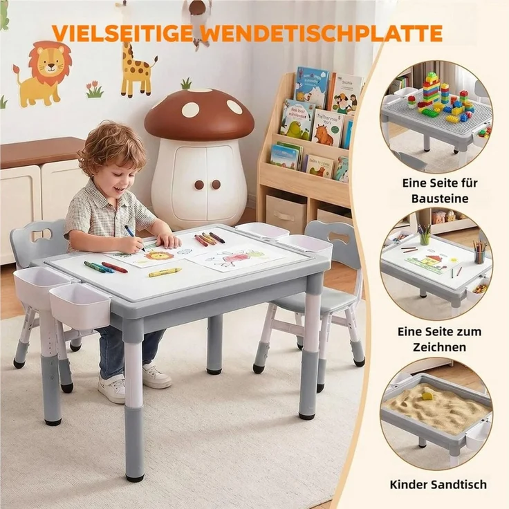 TLGREEN Kindertisch 3-teiliges Kindertisch Set mit 2 Stühlen (höhenverstellbarer Aktivitätstisch mit wendbarer Tischplatte, Bausteintisch kompatibel mit Klemmbausteinen & Whiteboard), viel Stauraum, Kindersitzgruppe Spieltisch für Kinderzimmer Kita – Bild 4