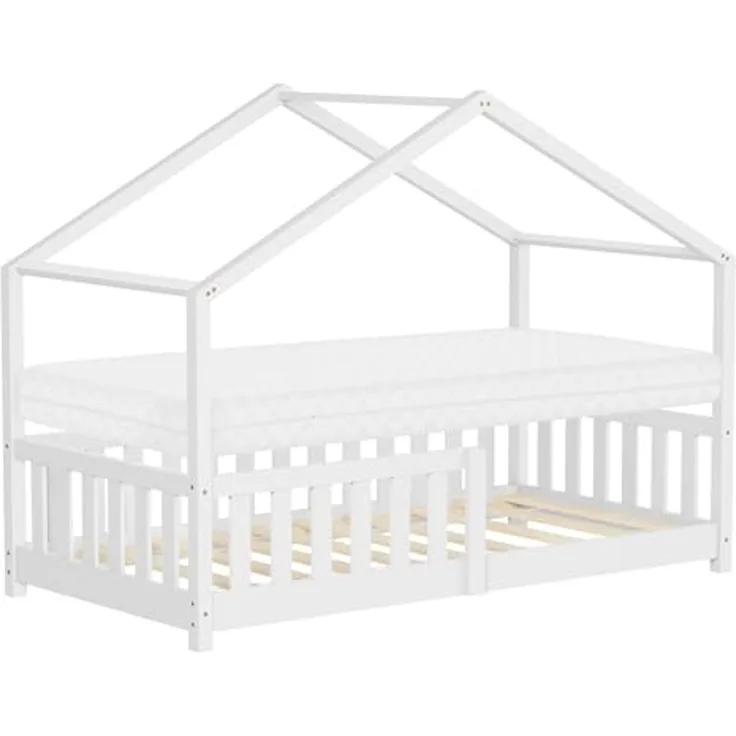 ML-DESIGN Spielbett Hausbett Kinderbett inkl. Lattenrost & Rausfallschutz Kinder Bodenbett, Abenteuerbett 80x160cm mit Matratze Himmelbett Kiefer Jugendbett Weiß