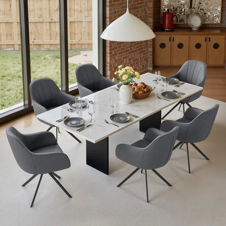 Hawthyhome 4-Fußstuhl Esszimmerstuhl drehbar mit Armlehne, 360° Drehfunktion, ergonomische Sitzschale, Kunstlederbezug, stabiles schwarzes Metallgestell, moderner Küchenstuhl für Esszimmer, Wohnzimmer, Büro & Homeoffice, Grau – Bild 6