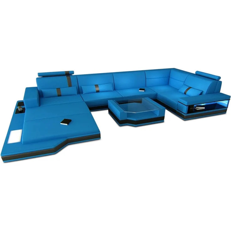 Sofa Messana in Leder - Echtleder - blau-schwarz - Links – Bild 1