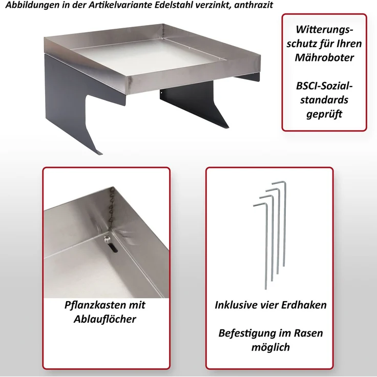 Mendler 'HWC-G60' Mähroboter Garage mit Pflanzkasten, Metall, 37 x 60 x 70 cm, Silber – Bild 2