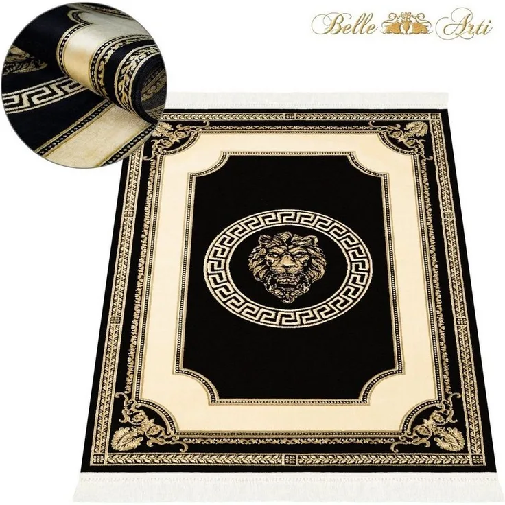 Belle Arti Teppich Luxus Teppich Läufer Löwen Motiv schwarz gold kurzflor 100% Viskose, Rechteckig, flauschig