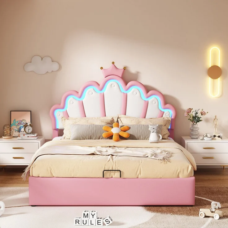Prinzessinbett mit Lattenrost und LED-Beleuchtung, 140x200 cm, Mädchenbett, Polsterbett für Mädchen, Stauraumbet, Kunstleder – Bild 3
