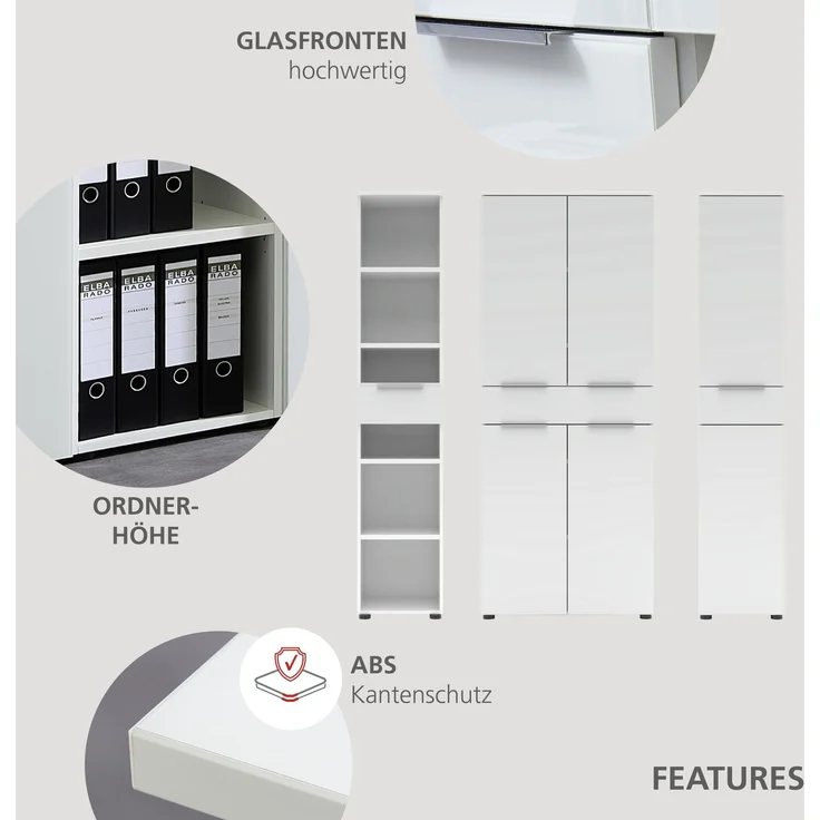 Büroregal SANTORIN Weiß & weißes Glas – schmal 40x198 cm – Bild 4